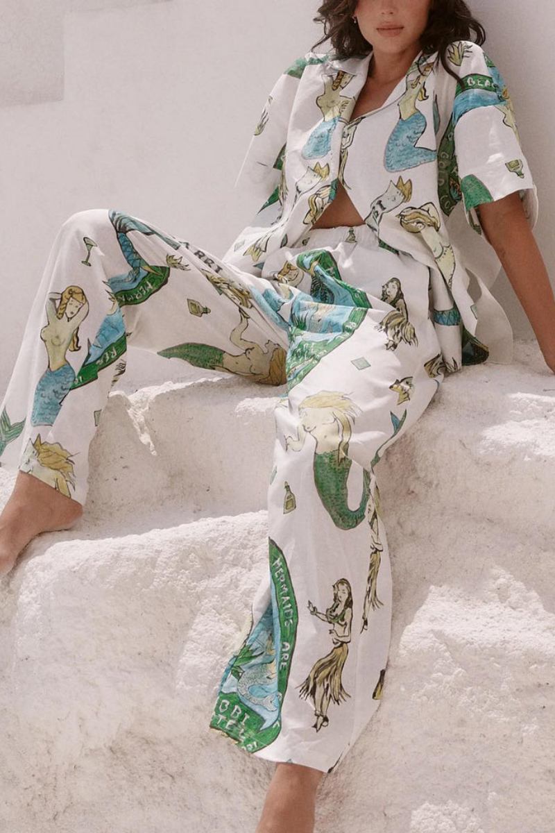Mermaid Print Short-Sleeved Shirt And Wide-Leg Pants Two-Piece Set