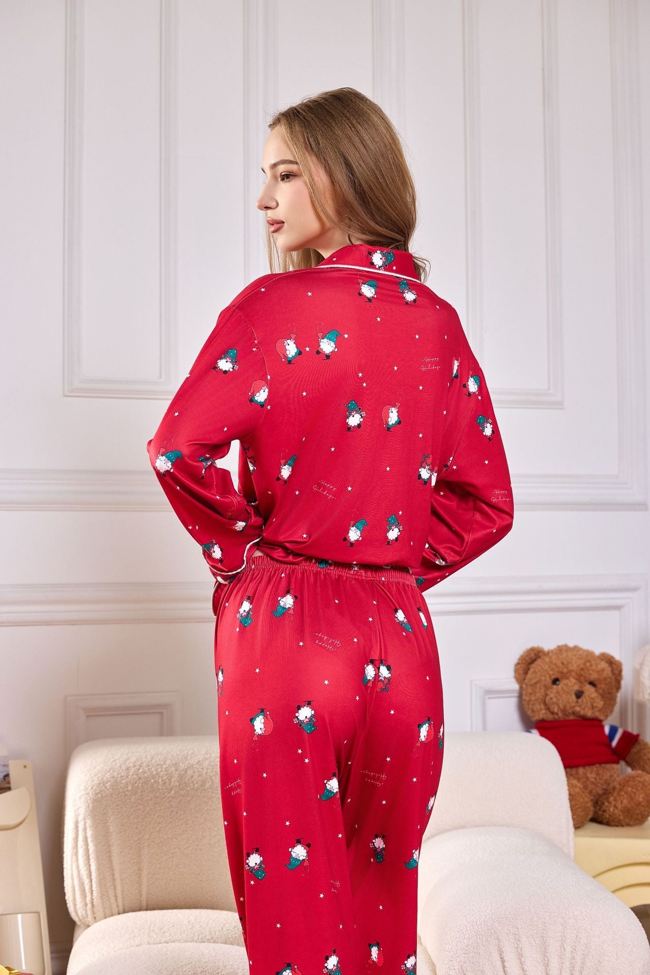 Pink Candy Cane Print Satin Long PJ Set