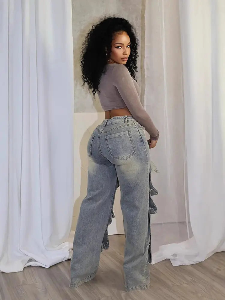 Ofhuelbar Héichtaille-Jeans