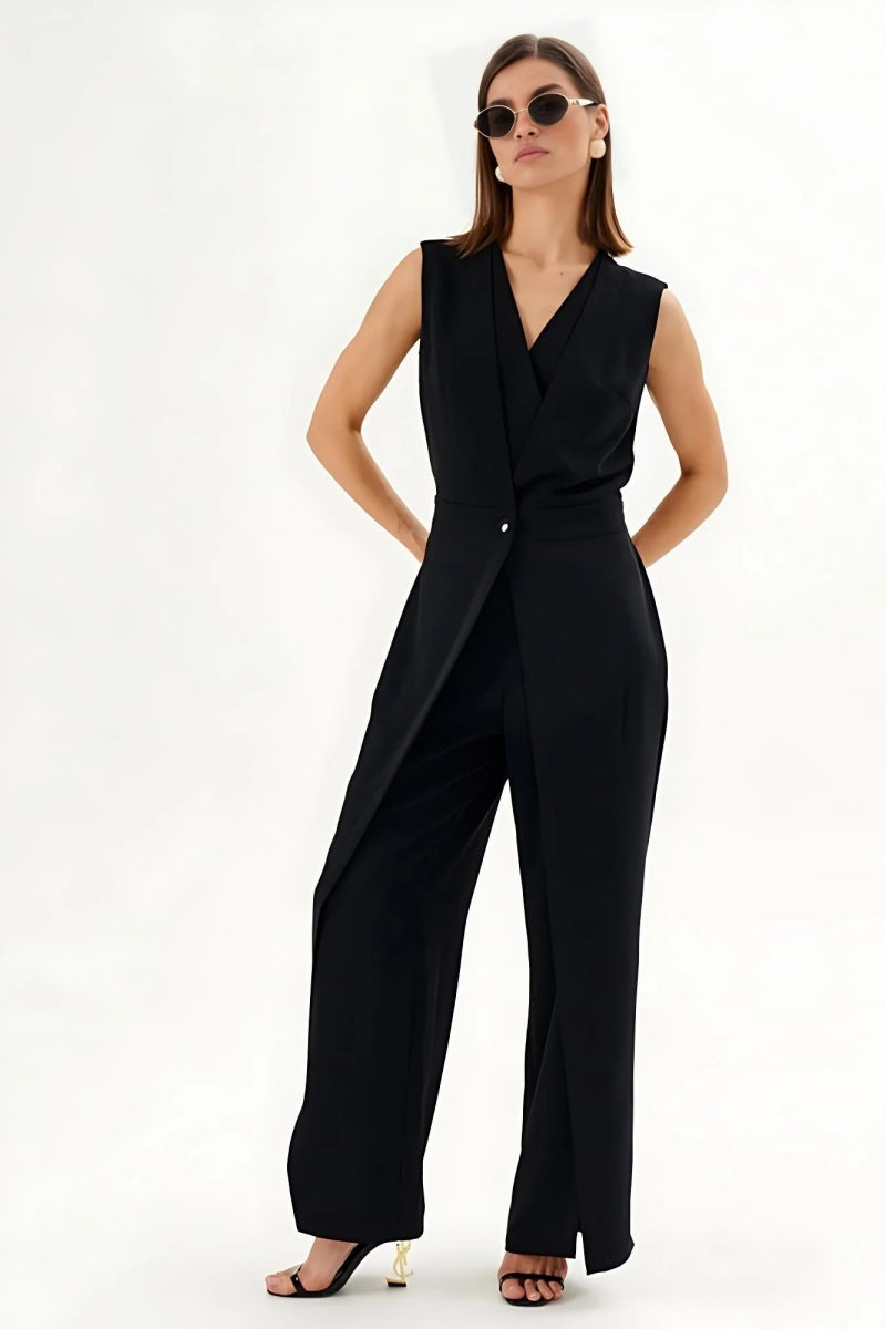 Black Sleeveless Wrap-Effect Wide-Leg Jumpsuit