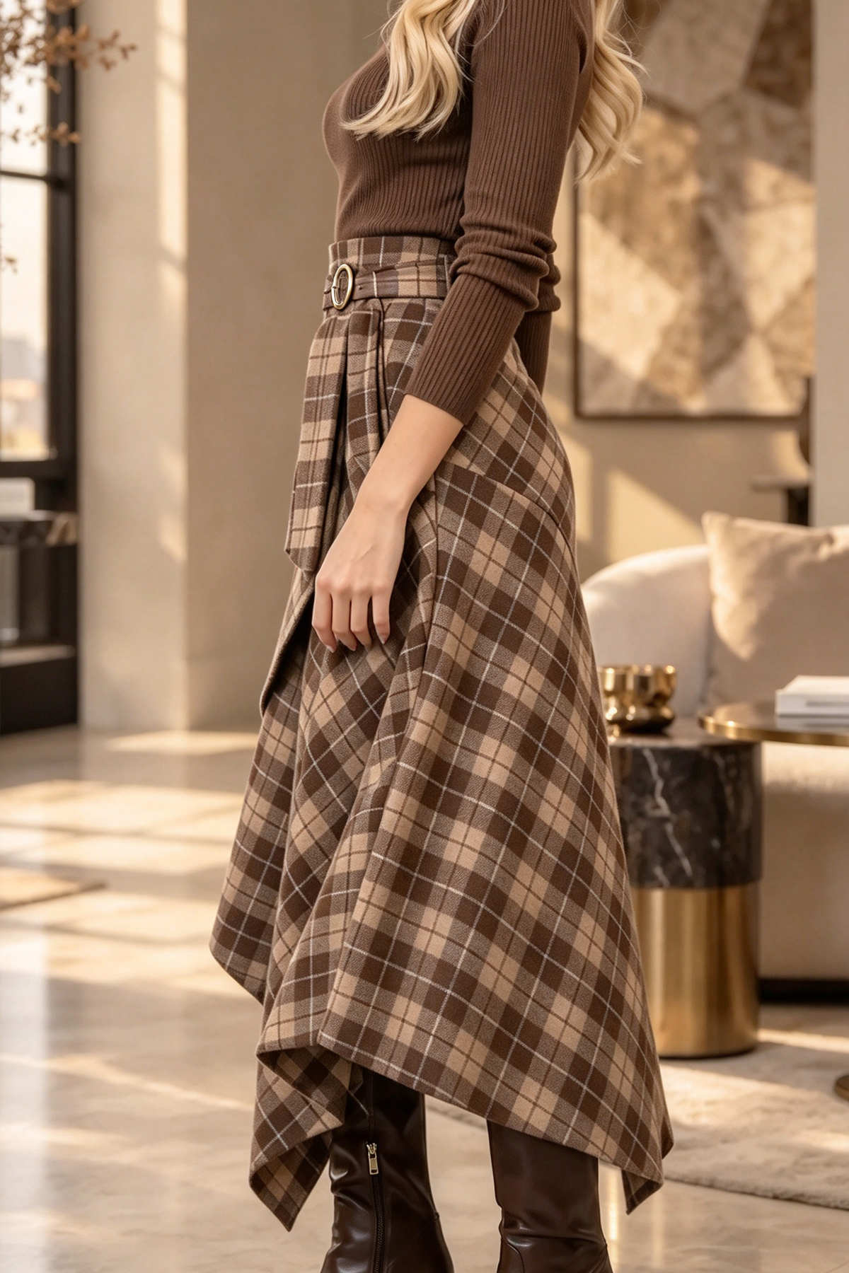 Plaid Irregular High Waist Midi Skirt