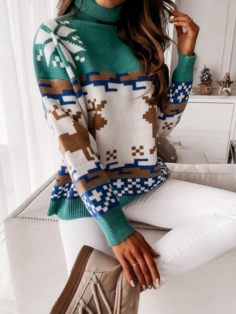 Knit Pullover with Embroidered Reindeer and Snowflake Design