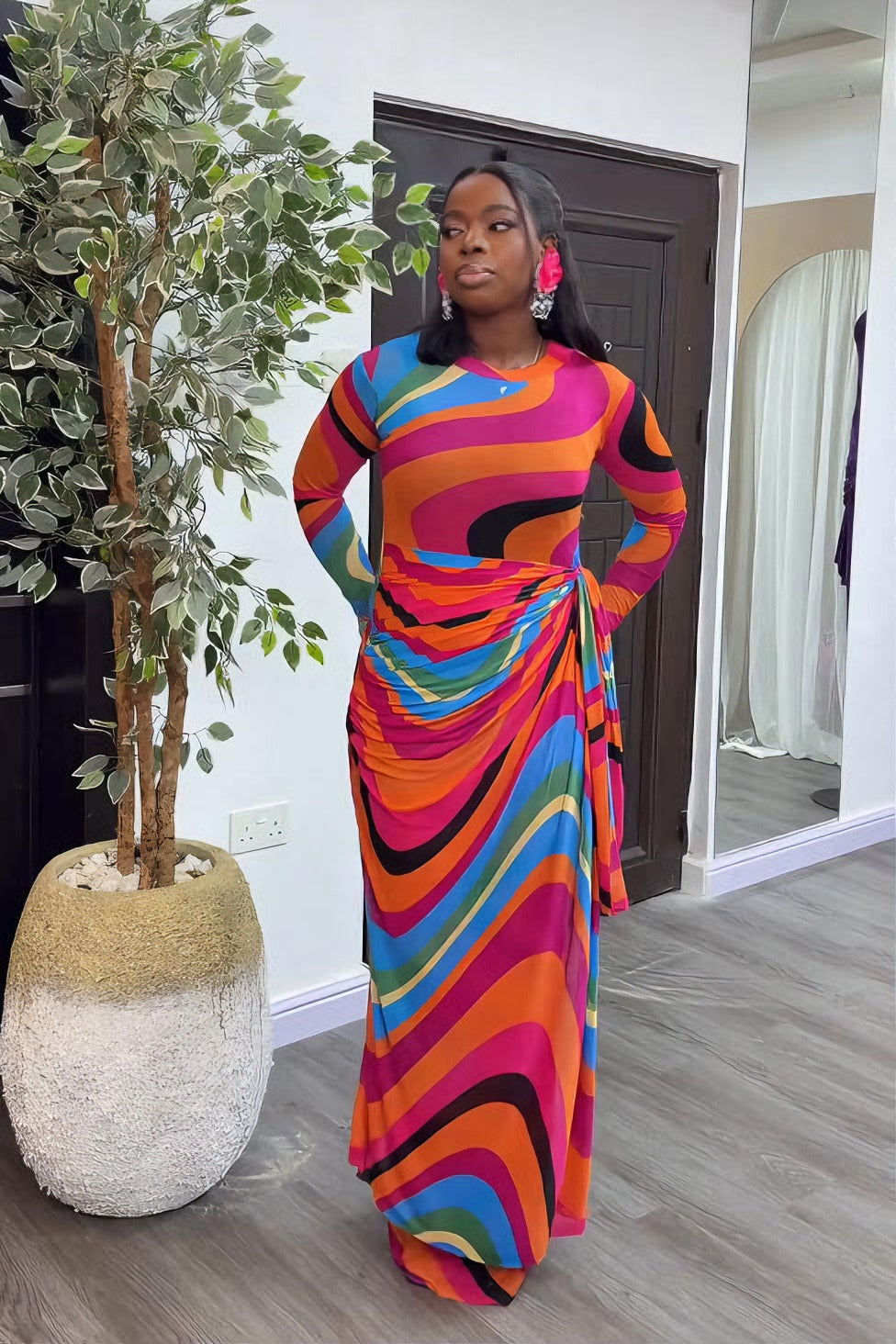Energetic Swirl Sheer Long-Sleeve Maxi Dress