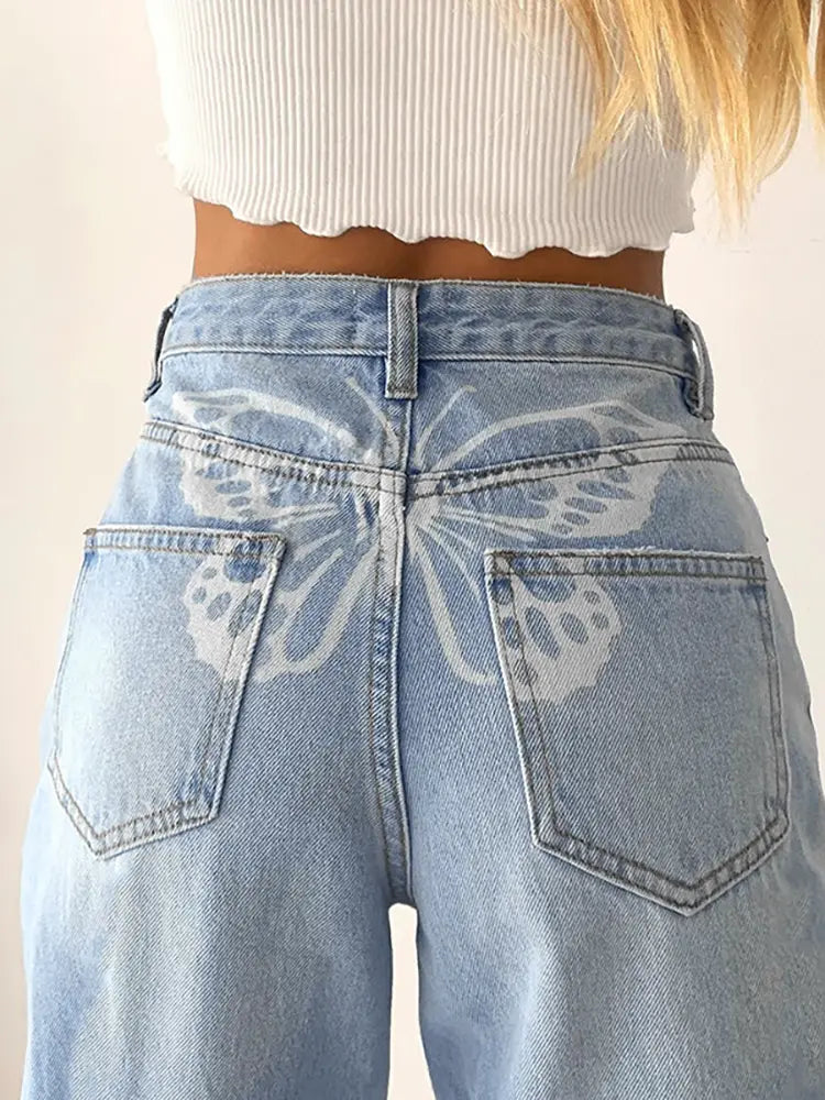 Pantaloni di jeans stampati a vita alta