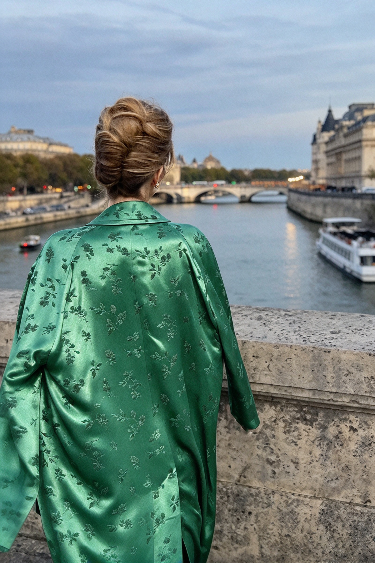 Green with Lapel Jacquard Long Coat