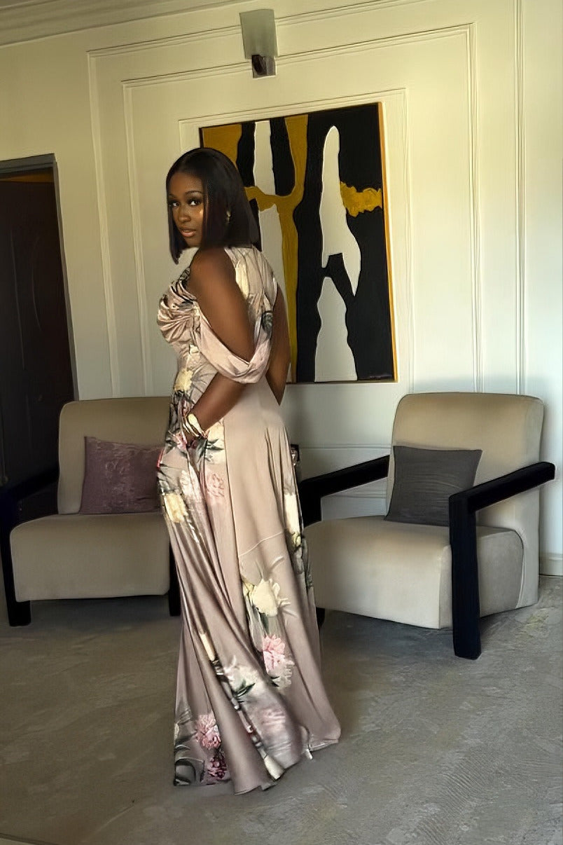 Elegant Floral Satin Off-Shoulder Maxi Dress