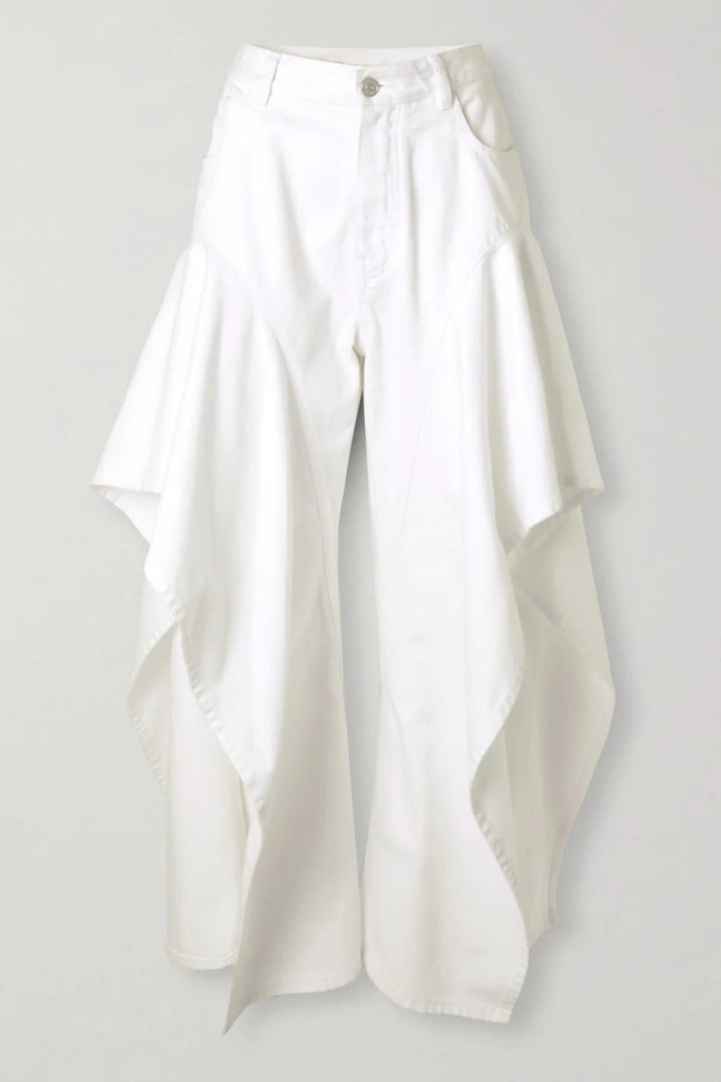 Ruffled Mid-Rise Wide-Leg Jeans