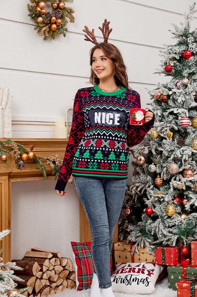 Sequin Embroidered Christmas Jacquard Knitted Sweater