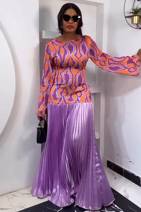 Retro Orange-Purple Print Backless Maxi Dress