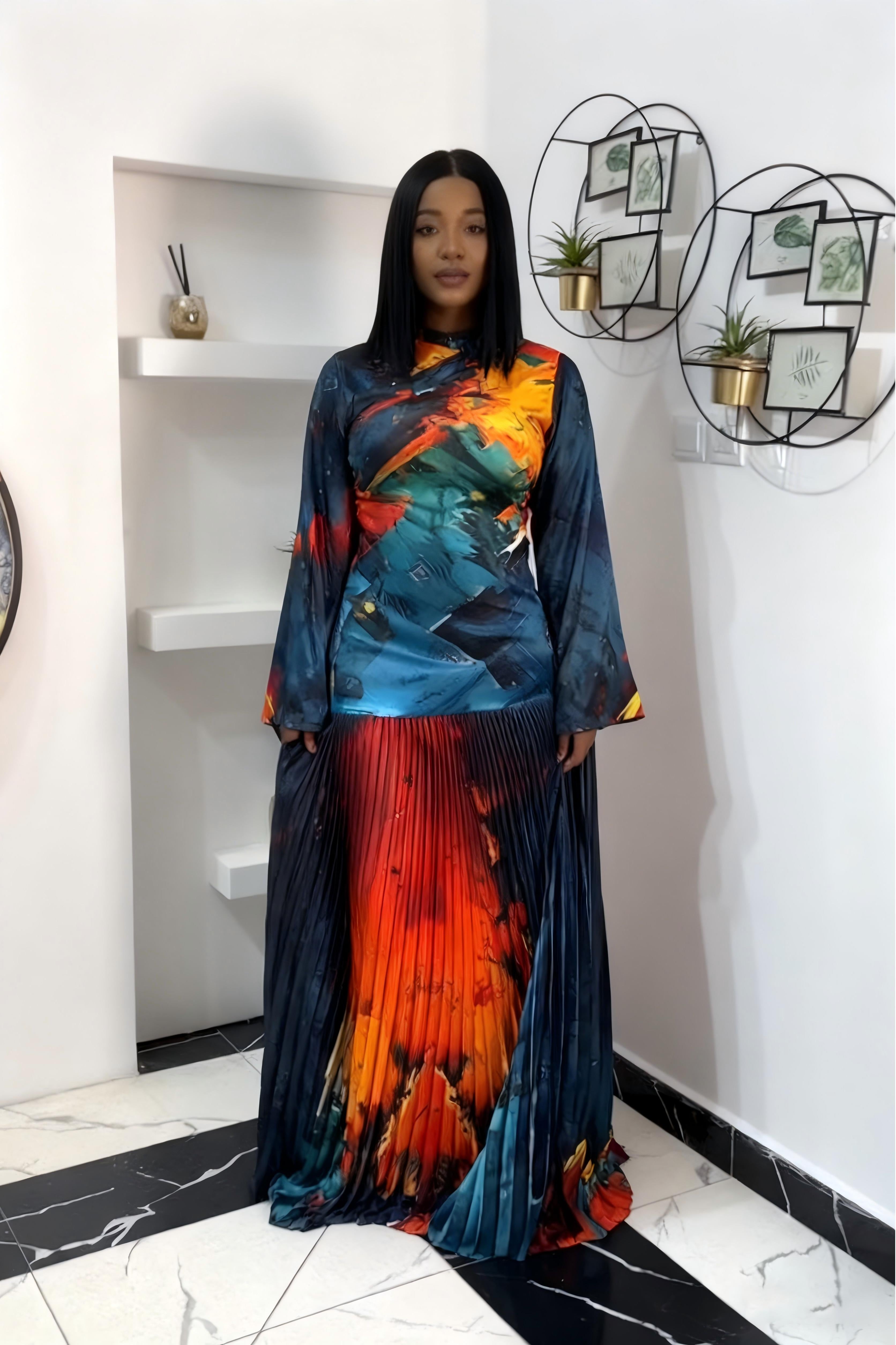 Artistic Print Deep V Pleated Maxi Dress