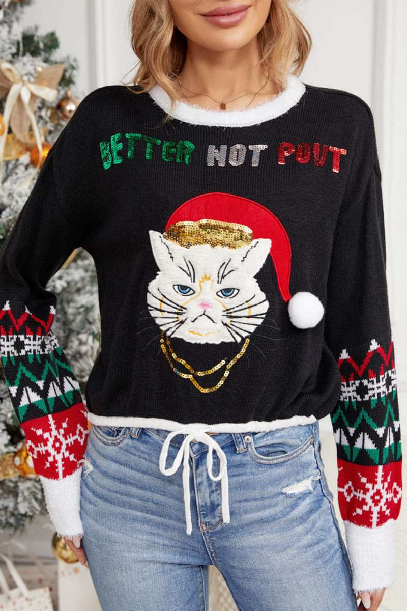 Casual Round Neck Cat Embroidery Sequin Sweater