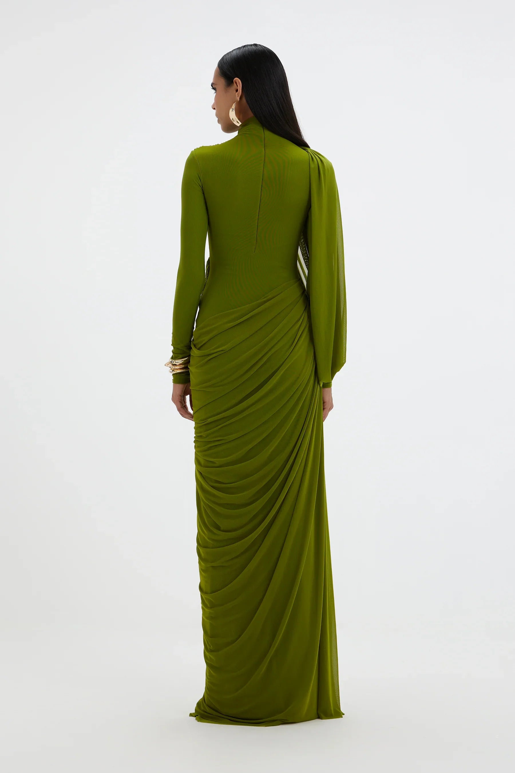 Sculptural Matcha Draped Maxi Dress