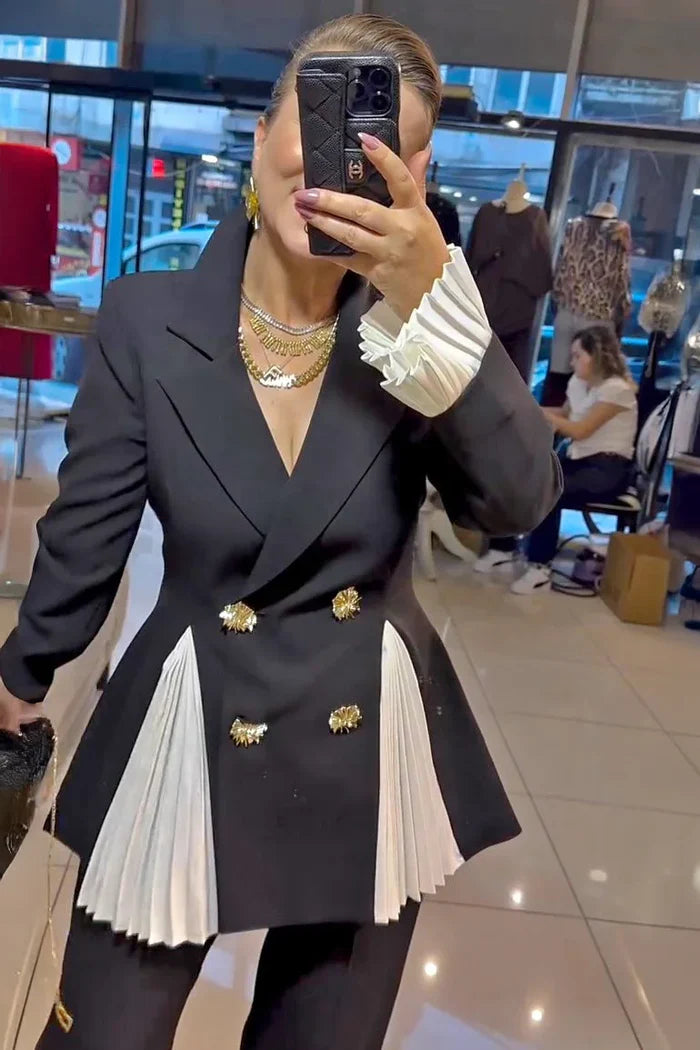 Pleated Accents Double Breasted Blazer
