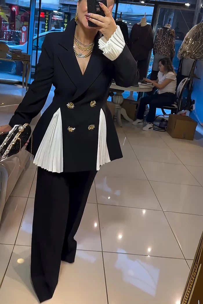Pleated Accents Double Breasted Blazer