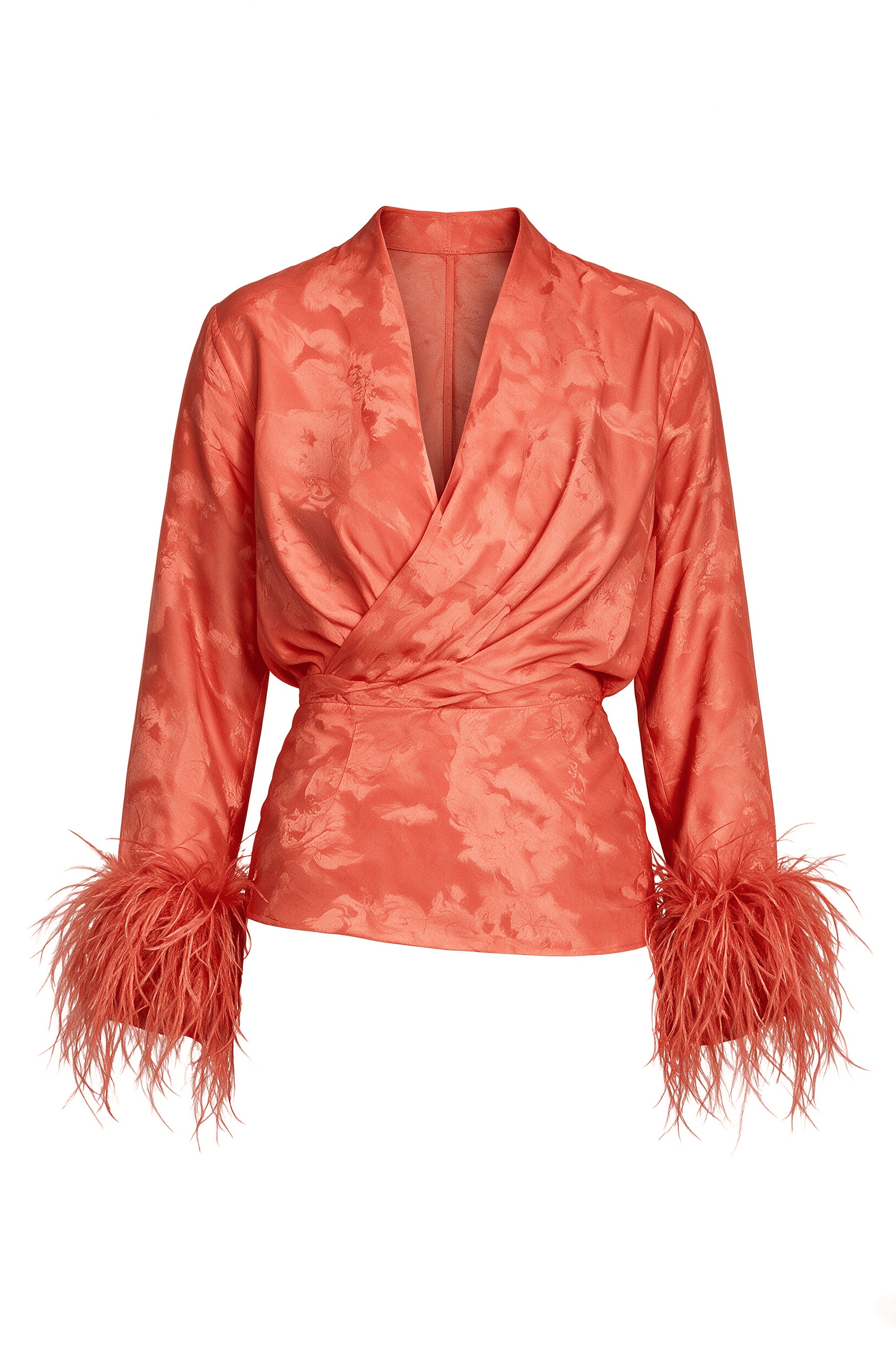 Koralfarvet jacquard-wrap med fjermanchet-top