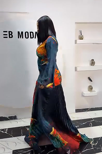 שמלת מקסי זהב חמניות עם קפלים