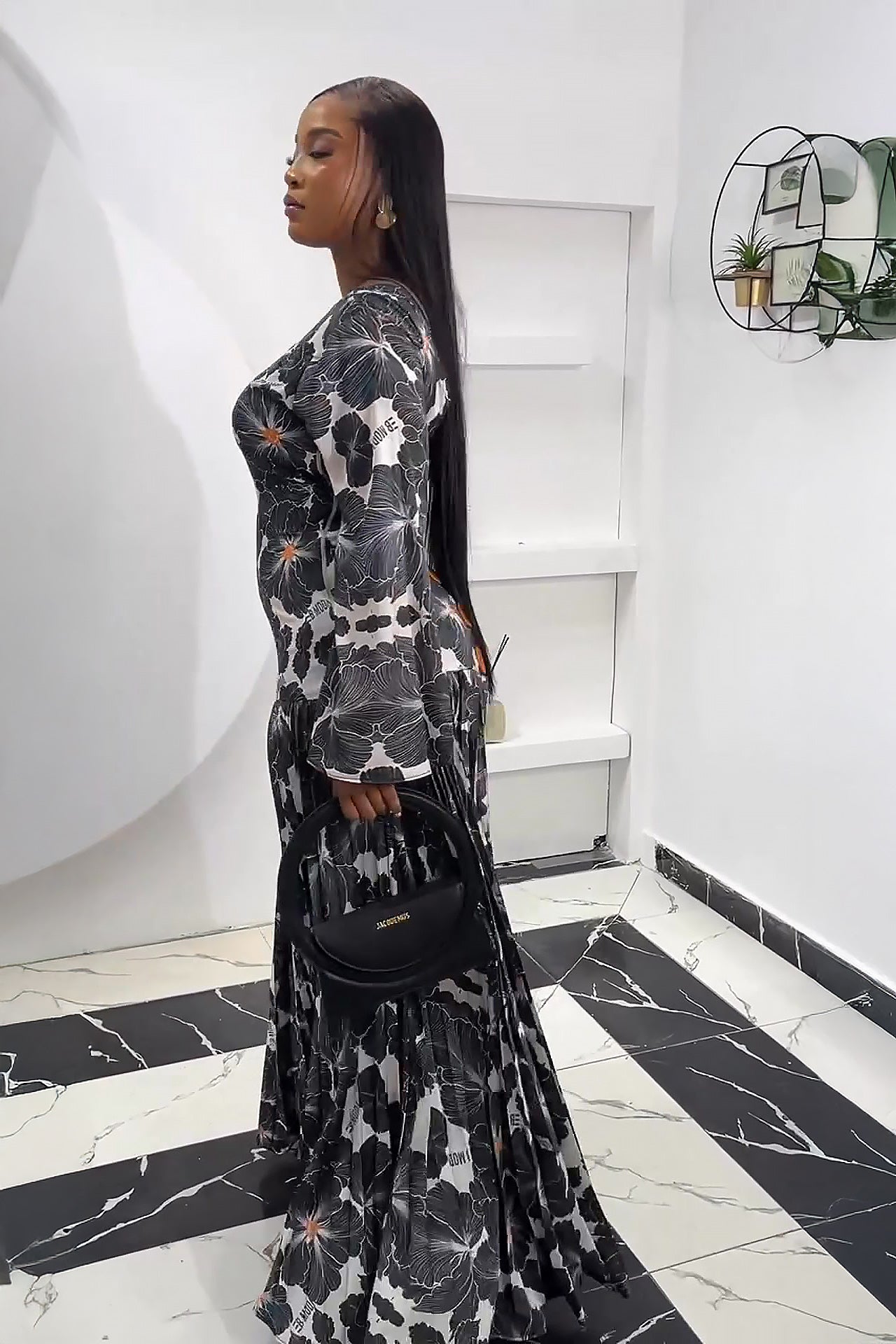 Luxe Deep-V Back Printed Pleated Maxi Dress