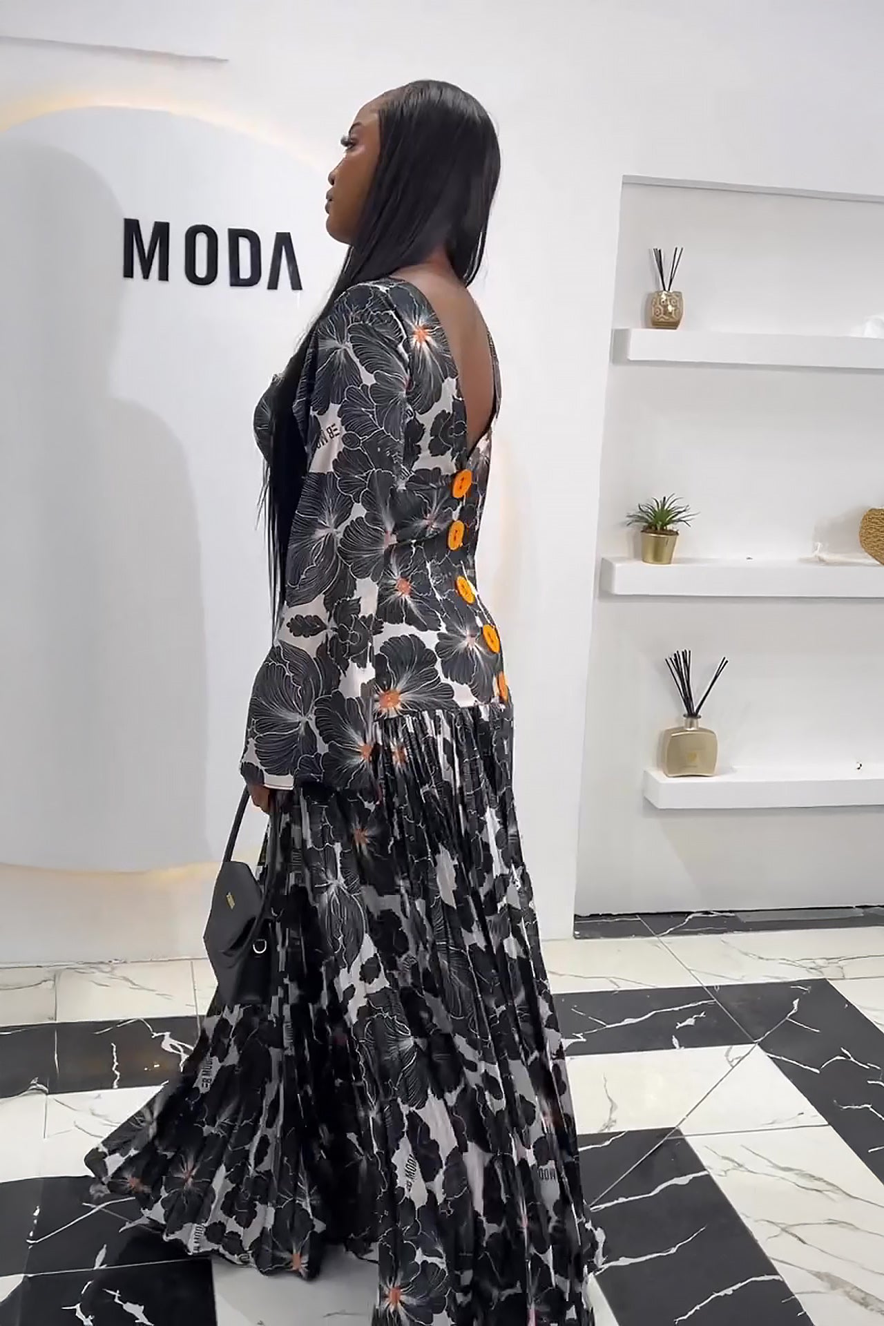 Luxe Deep-V Back Printed Pleated Maxi Dress