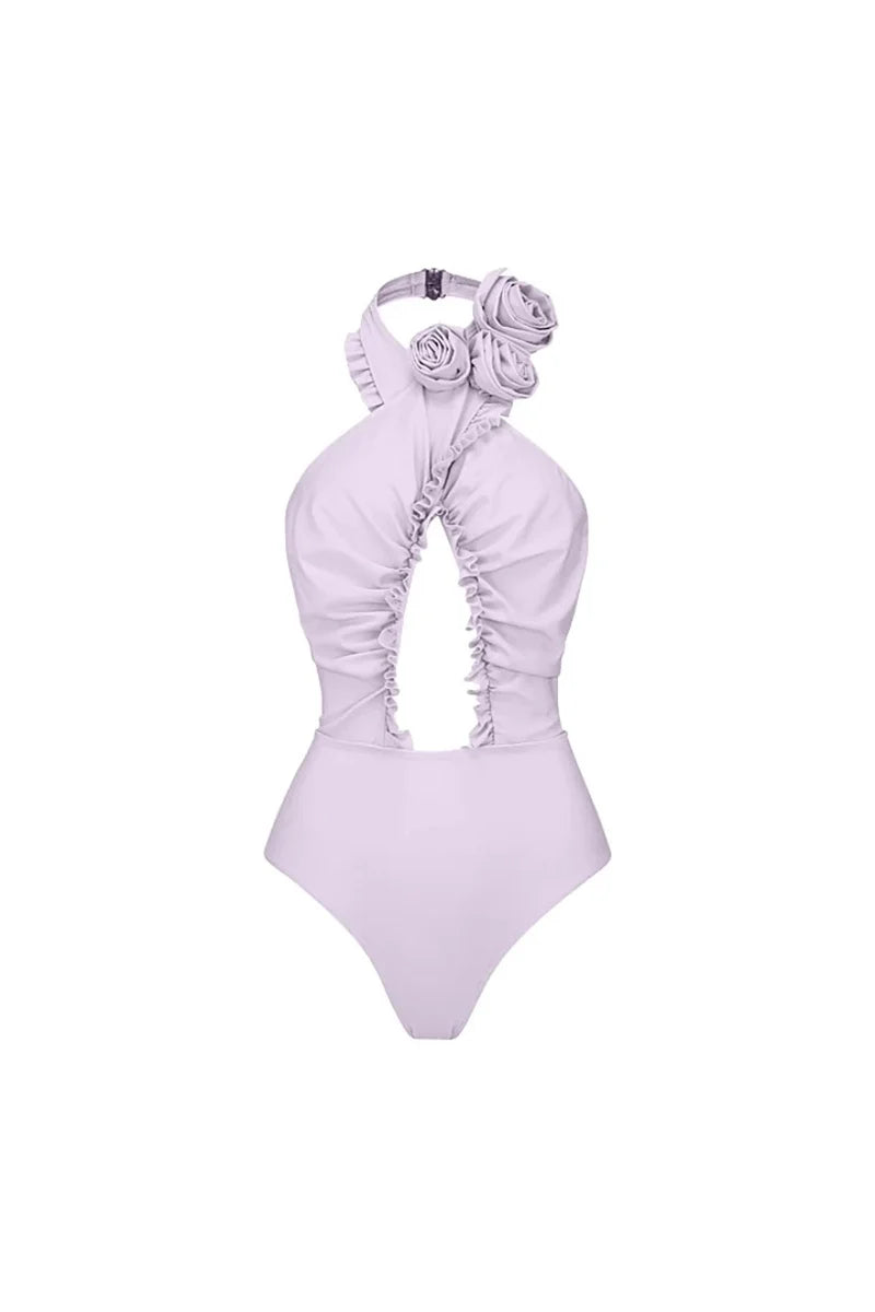 3D Floral Halter Backless Swimsuit Set