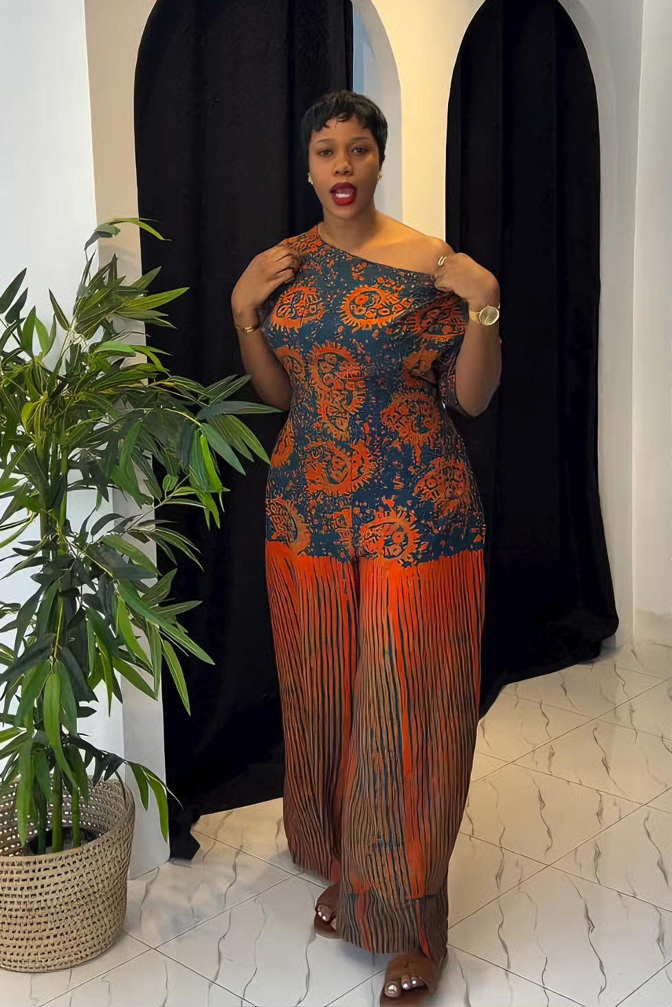 Sunset Ankara Tie-Waist Palazzo Jumpsuit