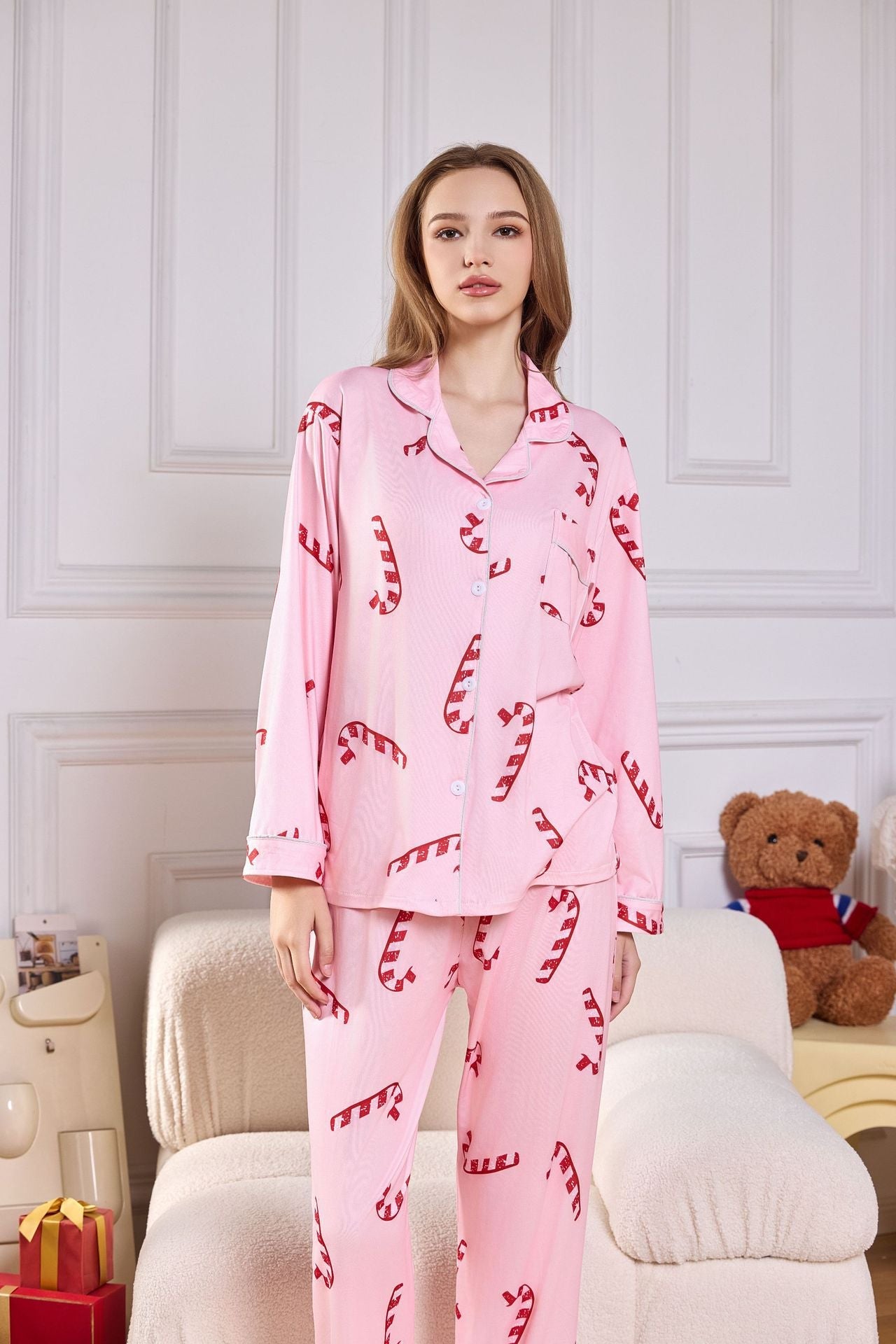 Pink Candy Cane Print Satin Long PJ Set