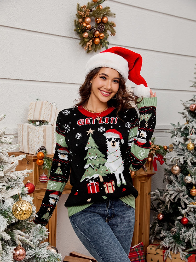 Crewneck Embroidered Knit Sweater – Alpaca & Christmas Tree