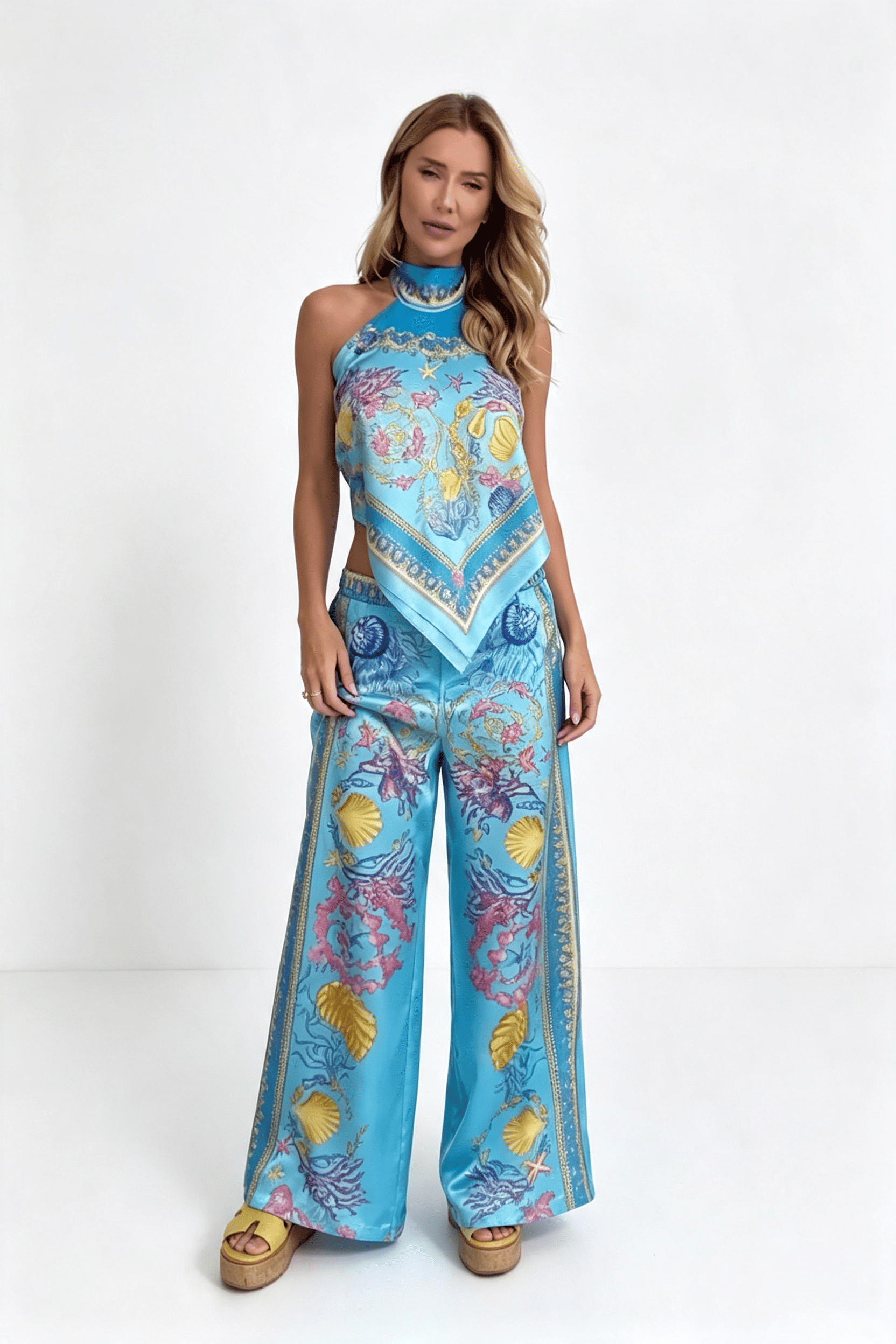 Completo pantaloni larghi con top a fascia conchiglia