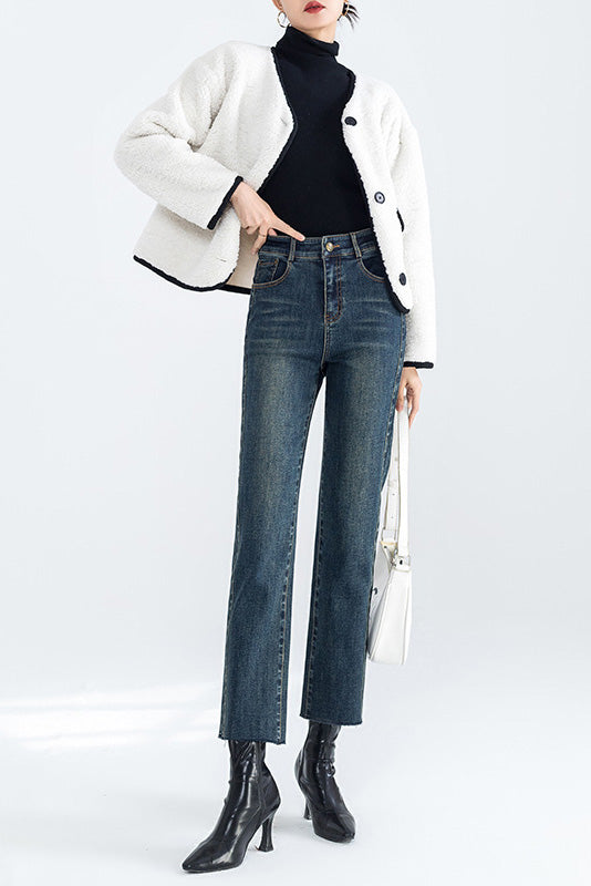 Fleece Straight-leg Cropped Jeans