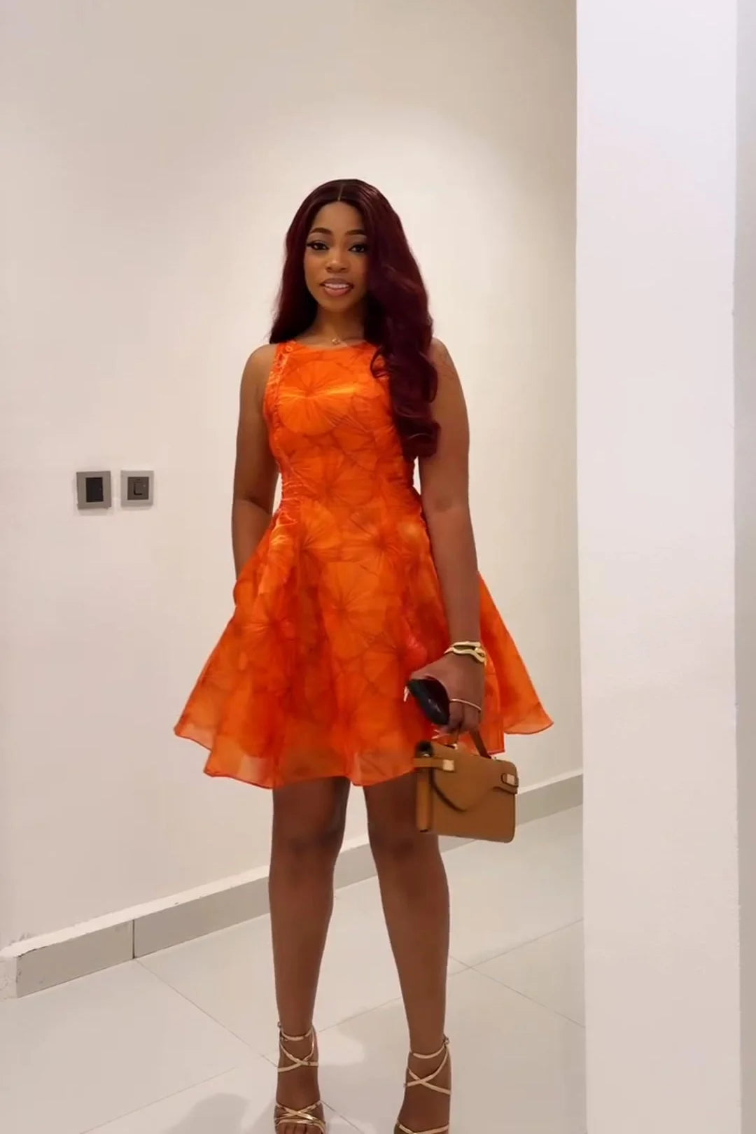 Orange Jacquard Sleeveless Fit & Flare Mini Dress