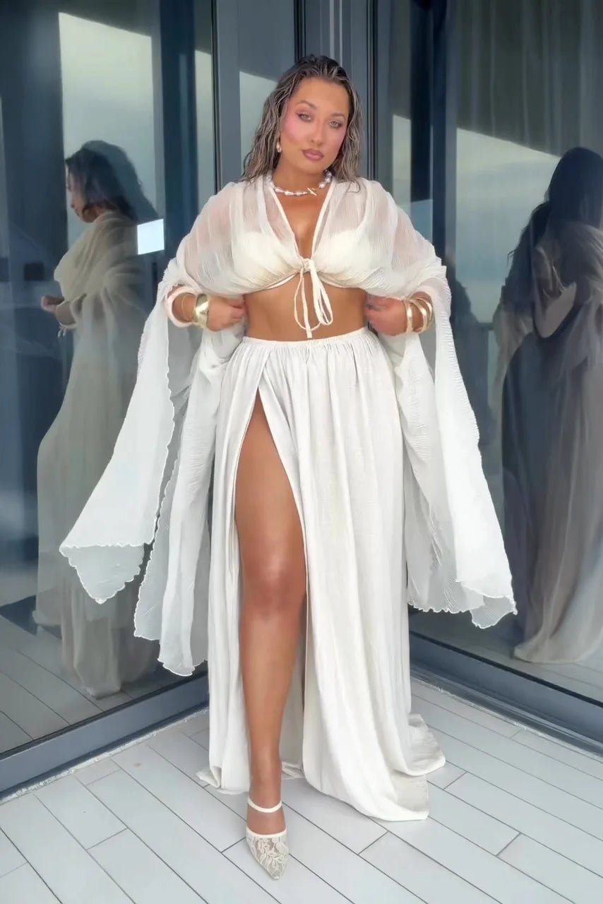 White Crinkle Tie Front Beach Cover Up Top