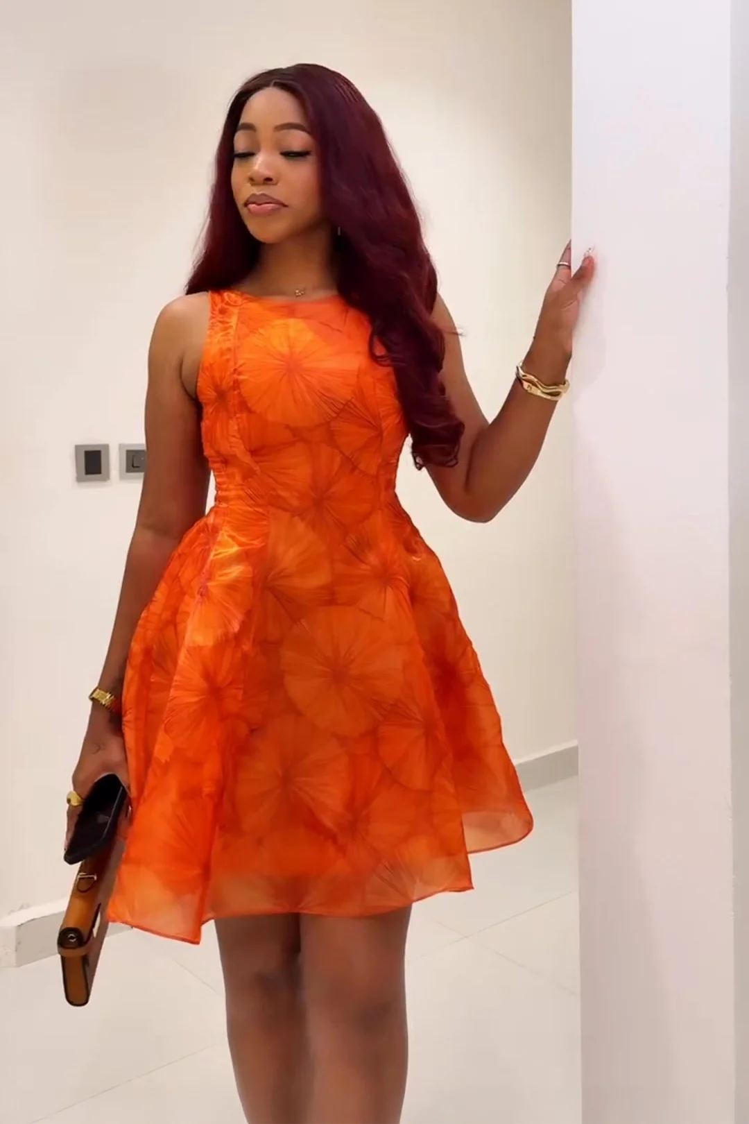 Orange Jacquard Sleeveless Fit & Flare Mini Dress