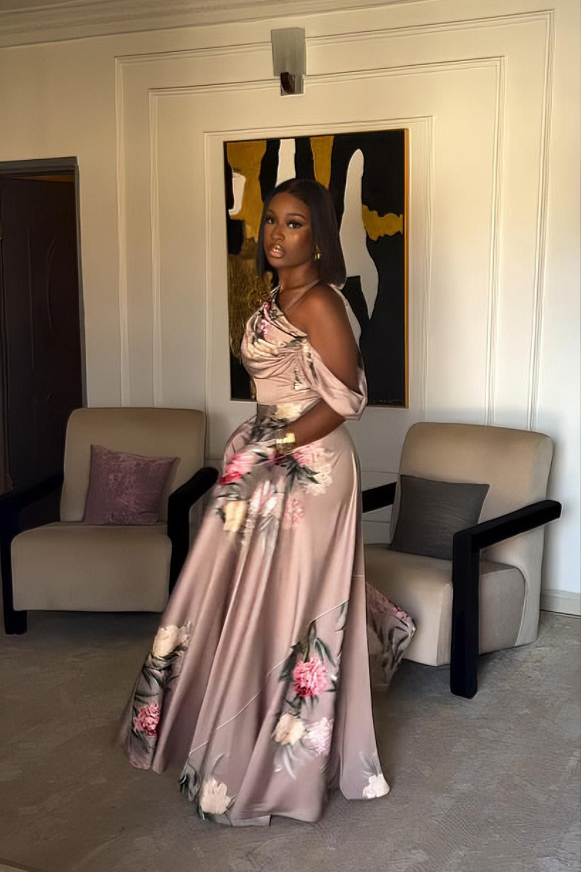 Elegant Floral Satin Off-Shoulder Maxi Dress