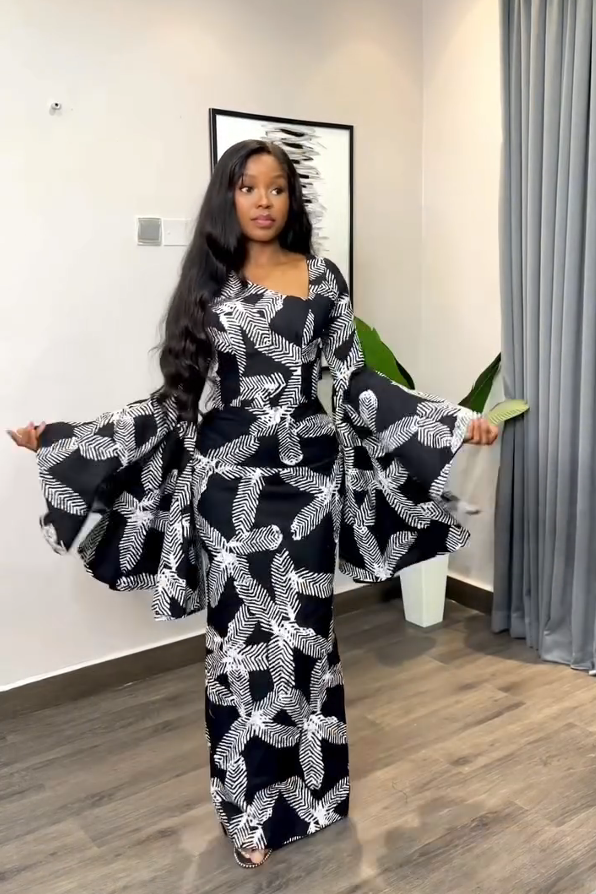 Black-White Feather Bell-Sleeve Maxi Dress