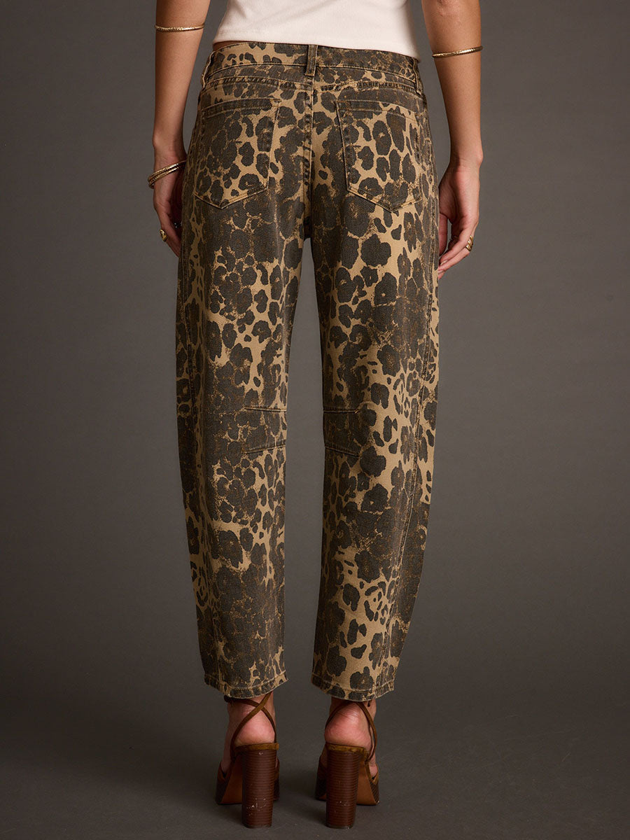 Retro western jeans met luipaardprint en wijde pijpen