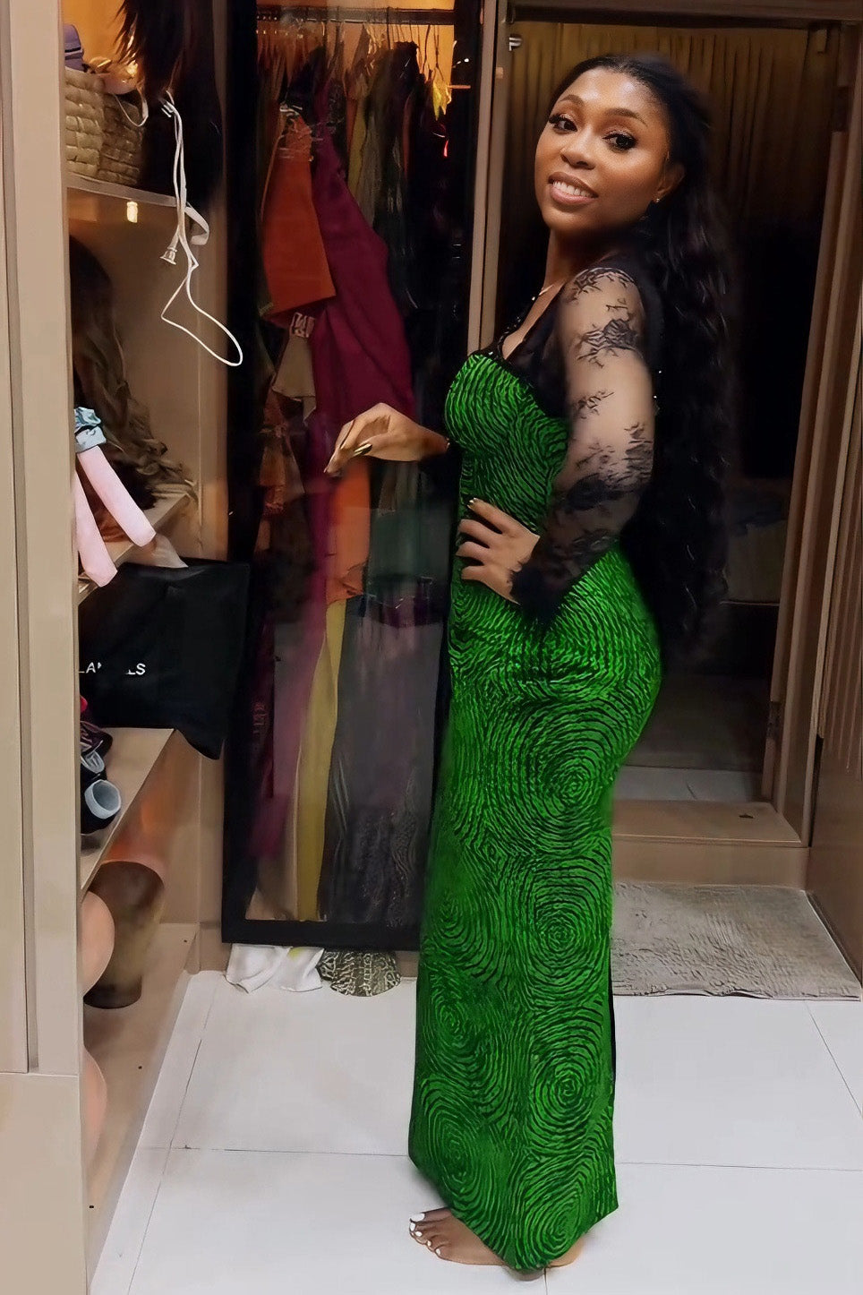 Sheer Sleeve Color-Block Maxi Dress