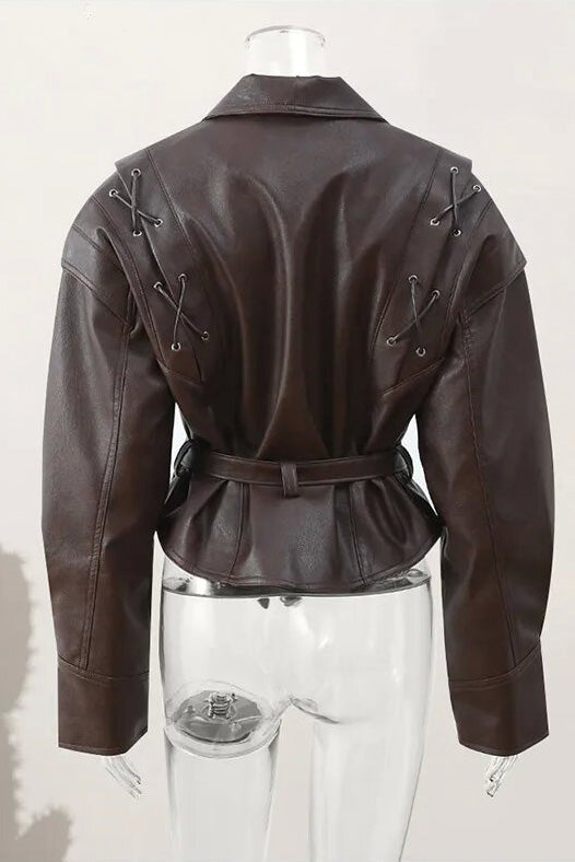 Street-Style High-Gloss Lace-up Leather Jacket