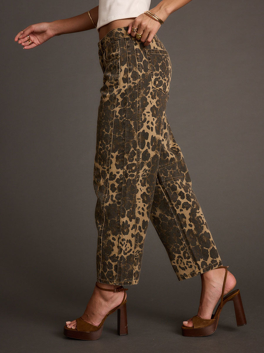 Retro western jeans met luipaardprint en wijde pijpen