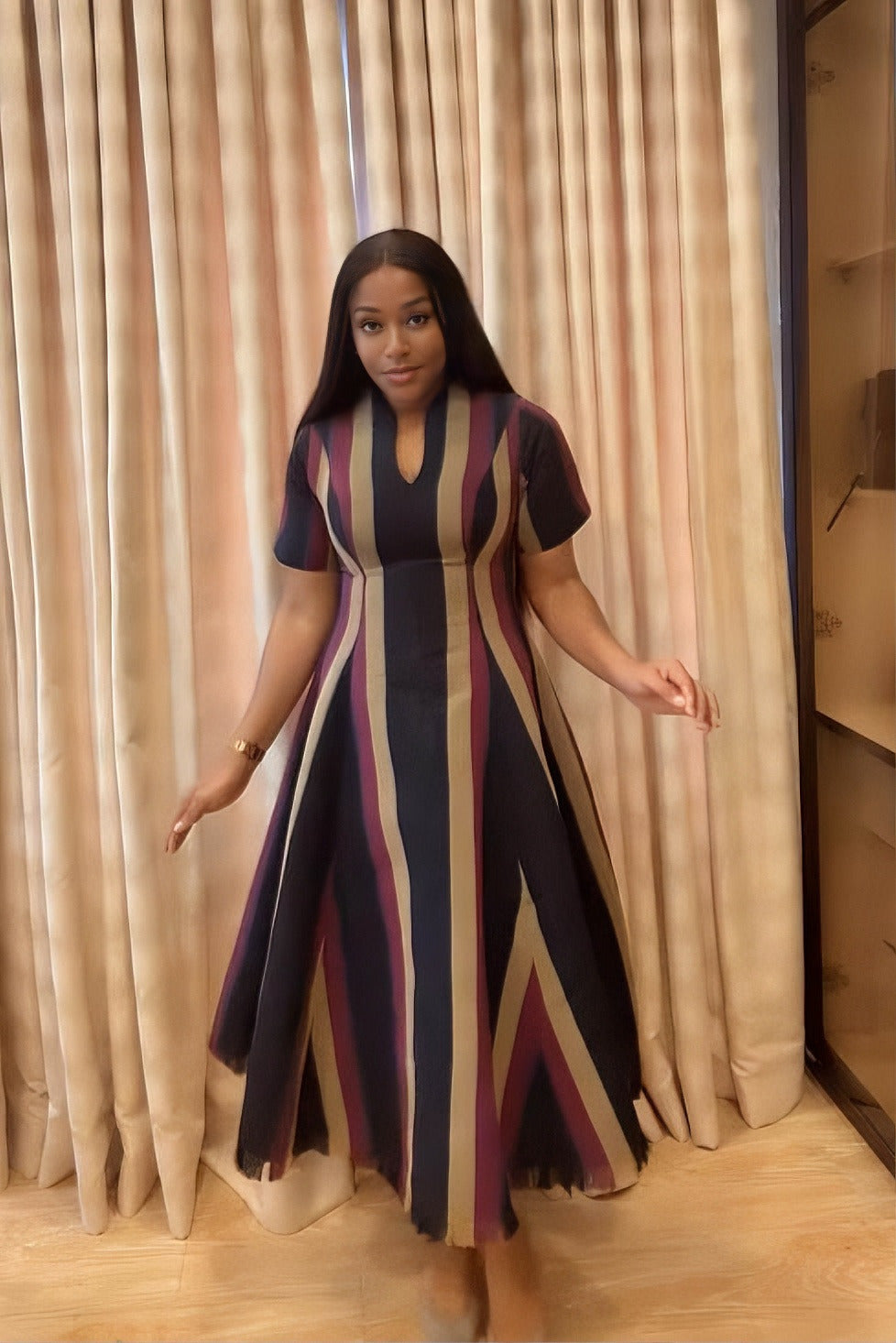 Striped V-Neck Structured Maxi Dress