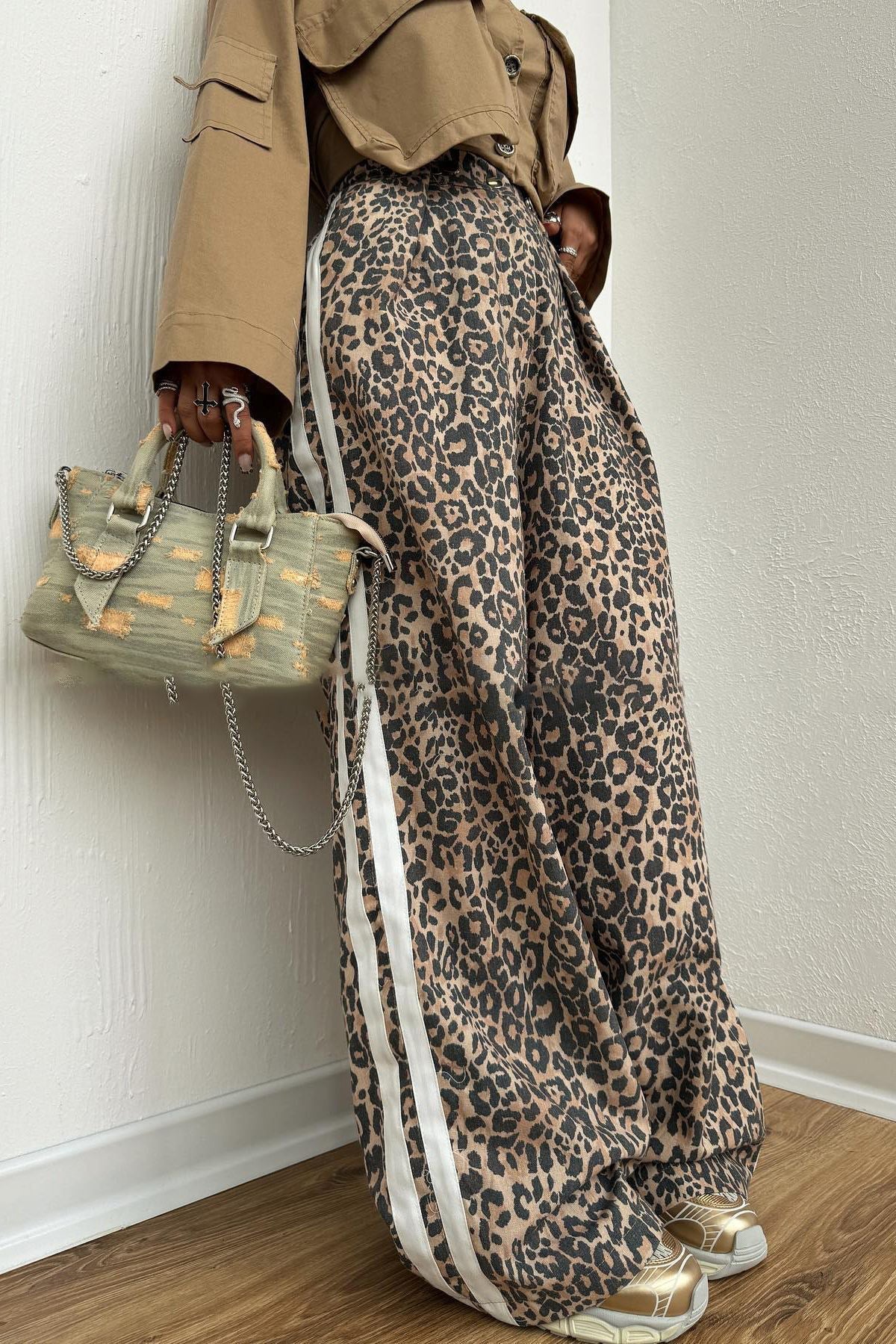 Street Style Leopard Stripe Baggy Pants
