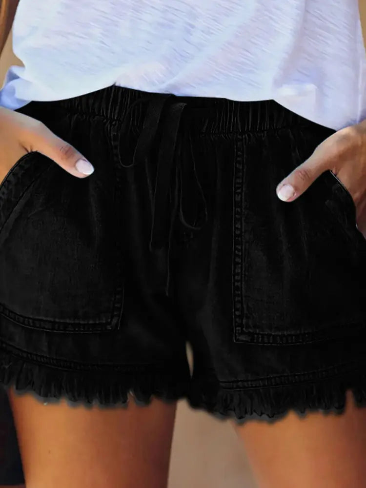 Yüksek Bel Bağcıklı İncelten Denim Şort