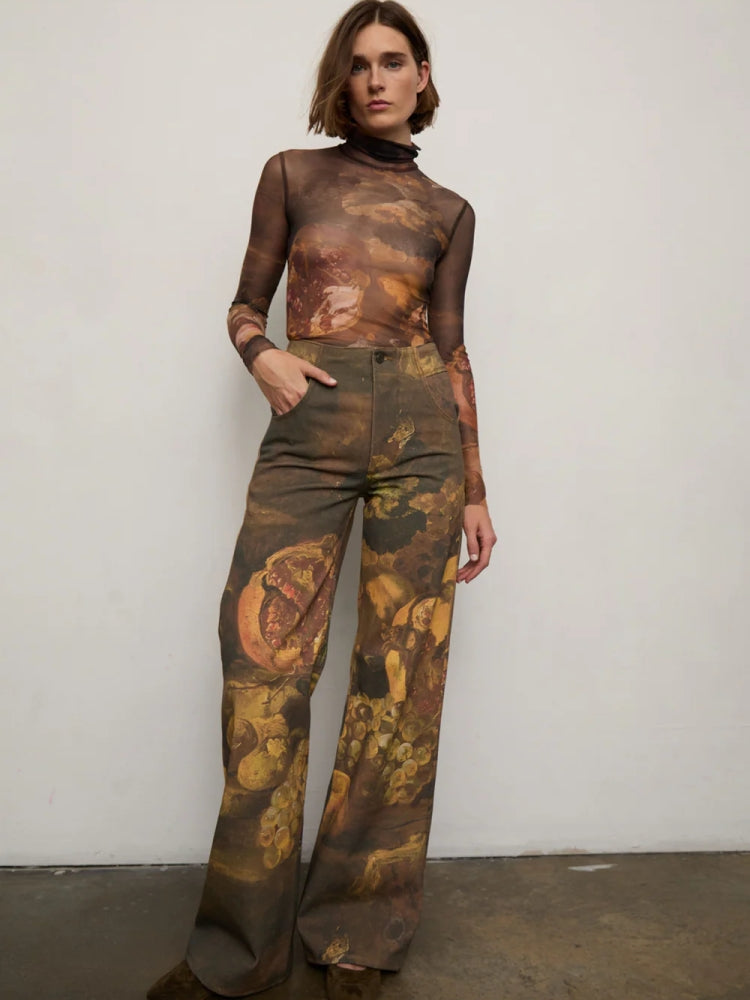 Jeans a vita alta con stampa artistica