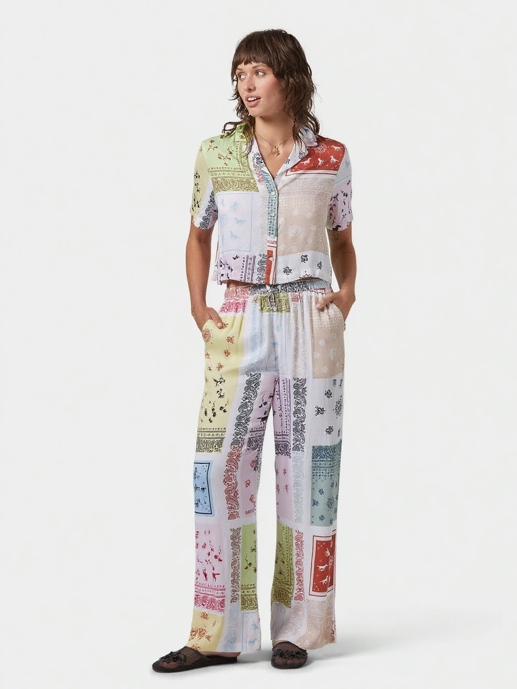 Patchwork Bandana Print Shirt  Pants Set