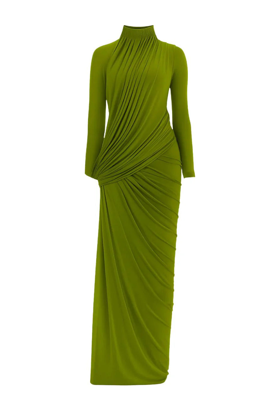 Sculptural Matcha Draped Maxi Dress