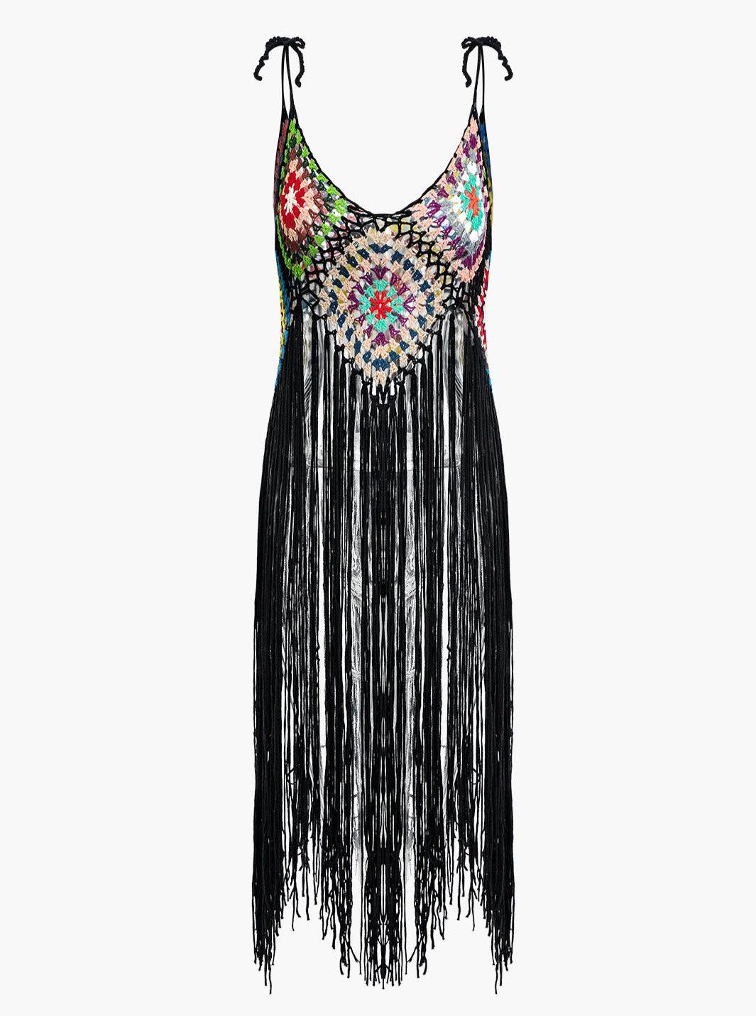 Rainbow Square Pattern Fringe Crochet Knit Cami Top