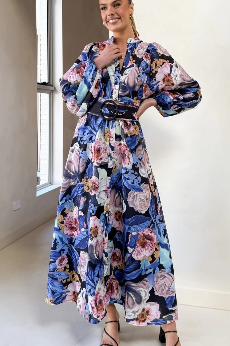 Φόρεμα με ζώνη και φουσκωτά μανίκια σε χαλαρή γραμμή