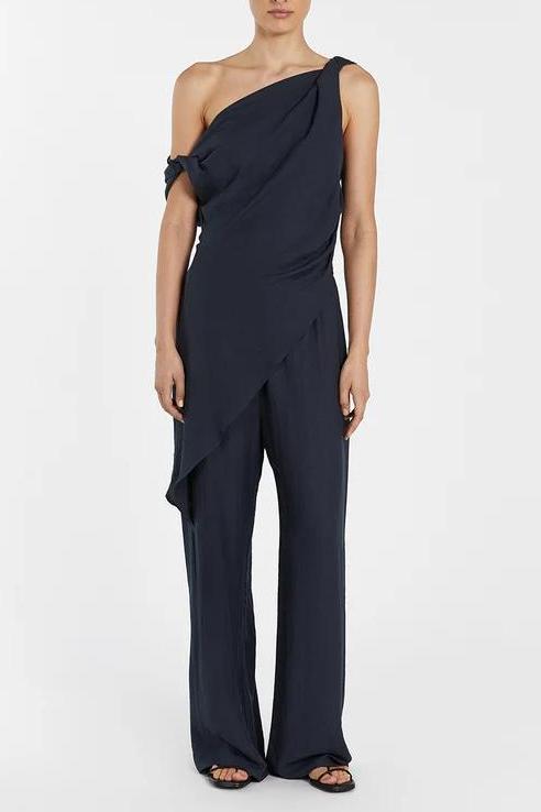 Asymmetrical Twist Detailing Top Linen Blend Pants Set