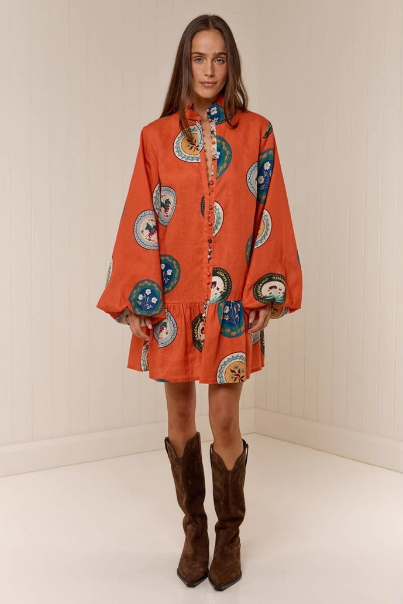 Patchworkklänning med ståkrage