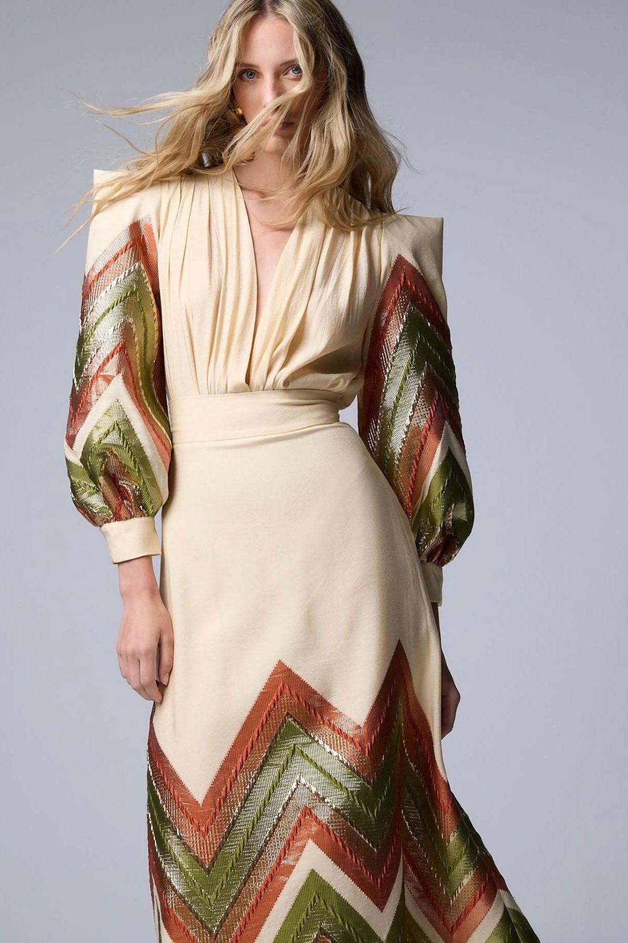 Puff Sleeves Bodysuit & Geometric Patterned Midi Skirt Set