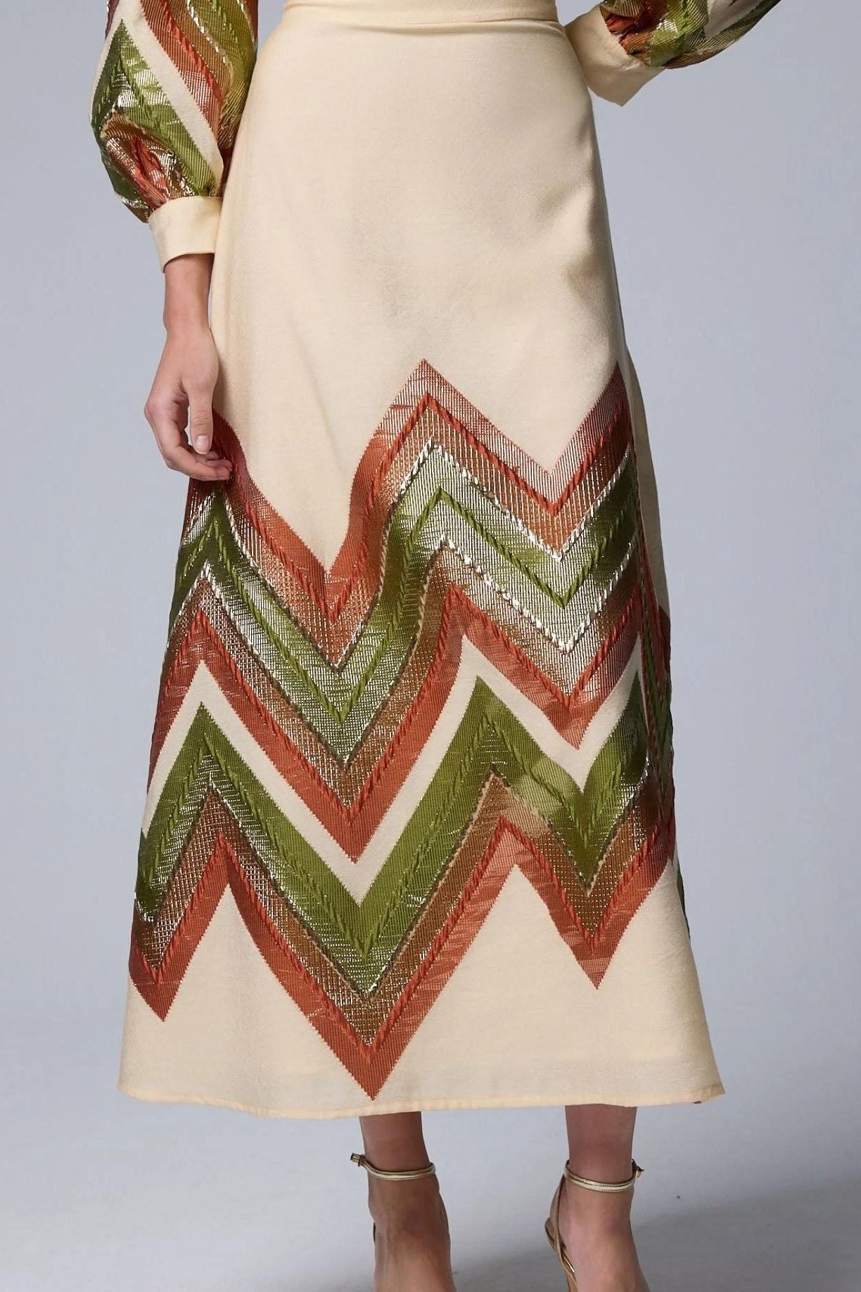 Puff Sleeves Bodysuit & Geometric Patterned Midi Skirt Set