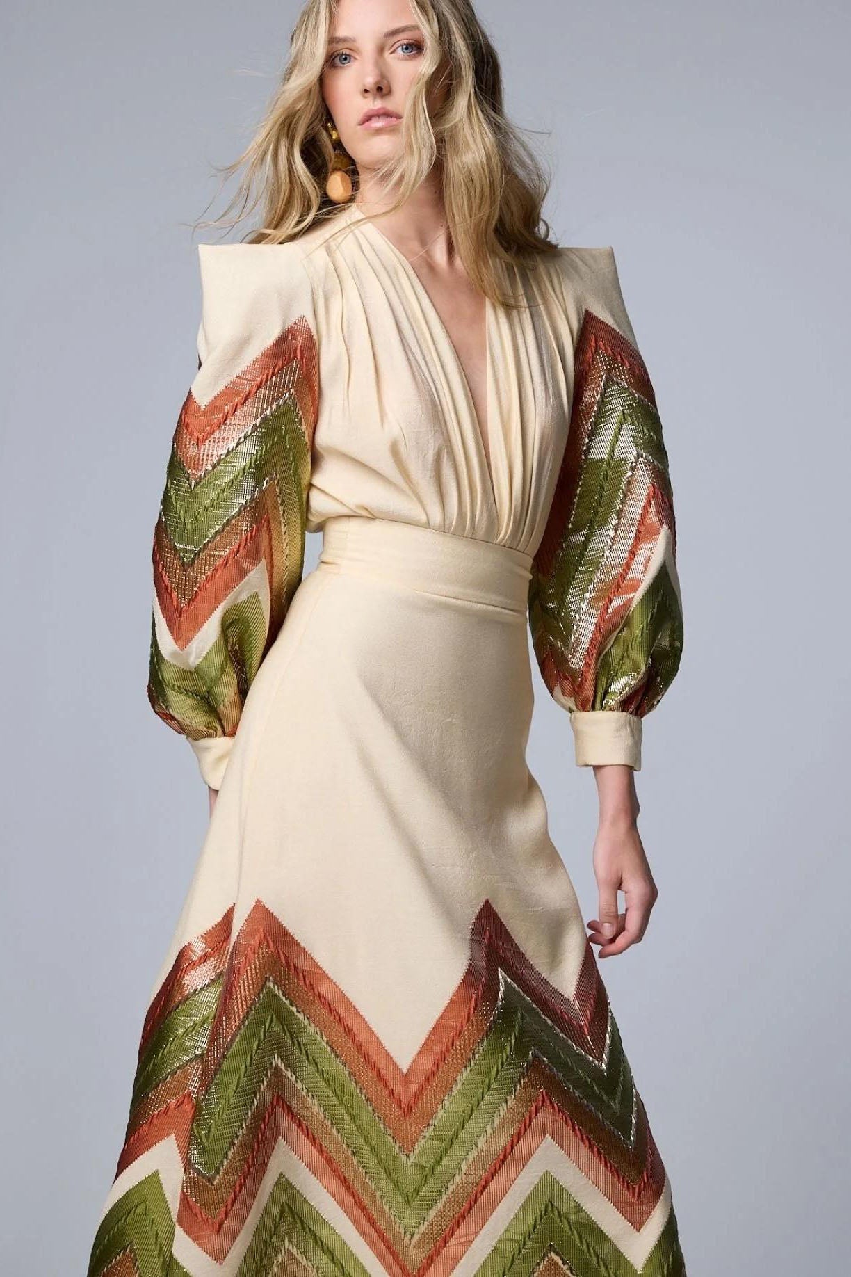 Puff Sleeves Bodysuit & Geometric Patterned Midi Skirt Set